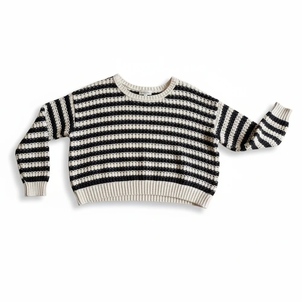 Free People At The Beach  Long Sleeve Cotton Pullover Sweater Ivory/Black Sz Med
